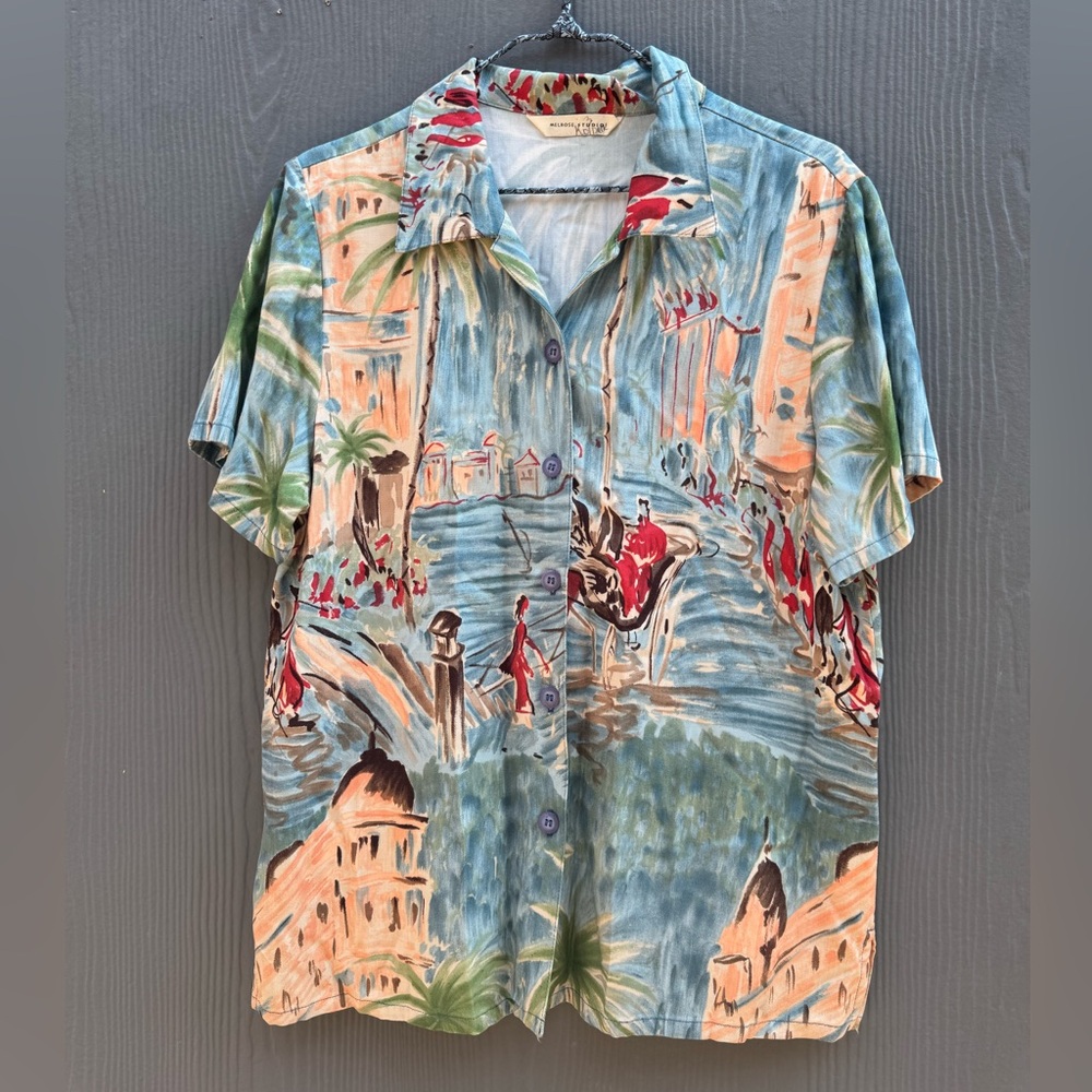 Vintage Melrose Studio Short Sleeve Seaside Painting Button Up Shirt Size MD